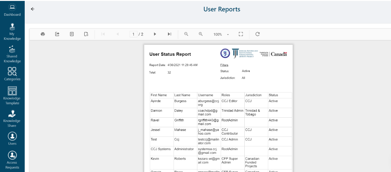 Generate Enabled Users Report - JURIST Project